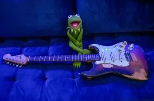Kermit a stuffed frog and Guitar