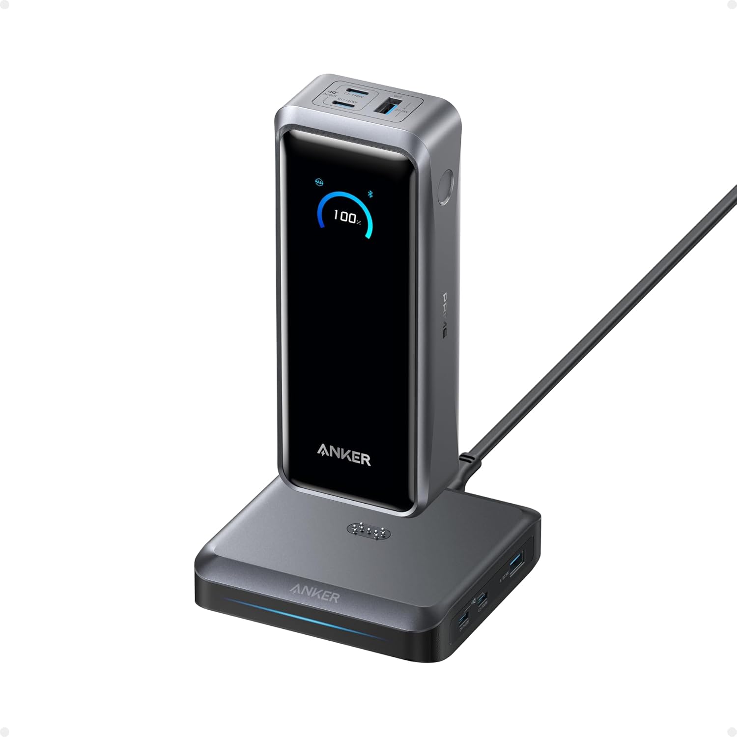 Anker Prime Power Bank and Charging Base, 26,250mAh 300W Max Portable Charger with Base for 6 Devices, Two-Way Charging, Flight-Approved, App Control